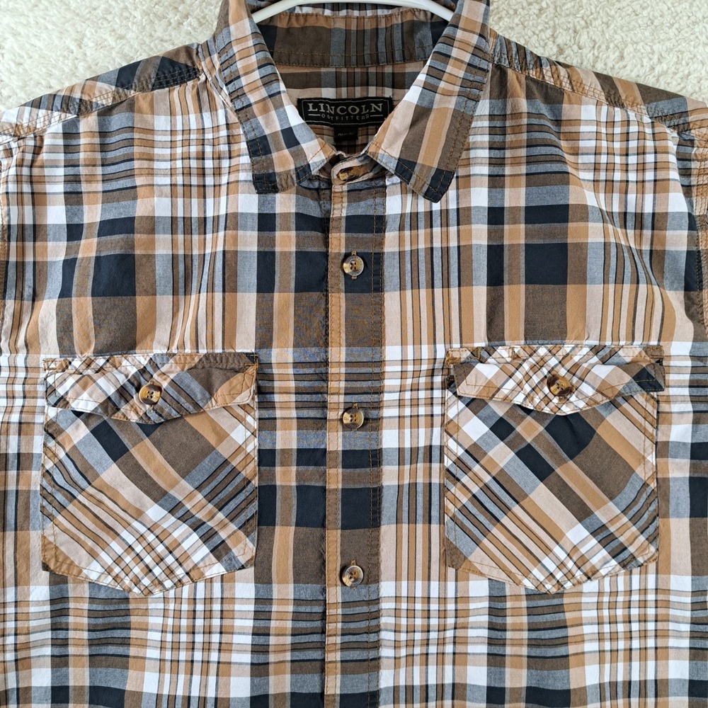 Lincoln Outfitters Button Up Shirt Men's 2XLT Brown Plaid Short Sleeve Pockets